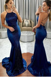 Sexy Prom Dresses Mermaid Halter Lace Up Open Back With Sequins Rjerdress