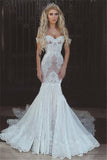 Sexy Queen Mermaid Sweetheart Ivory Lace Off-the-Shoulder Open Back Wedding Dresses UK Rjerdress