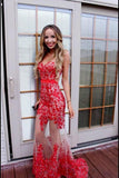 Sexy Red Lace Sweetheart See-Through Mermaid Long Prom Dress