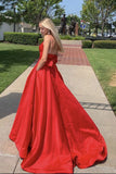 Sexy Red Long V Neck Satin Evening Dress Simple Prom Dresses RJS749 Rjerdress