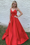 Sexy Red Long V Neck Satin Evening Dress Simple Prom Dresses RJS749
