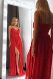 Sexy Red V-Neck Spaghetti Straps Satin Lace Bodice Floor Length Split Prom Dresses RJS768