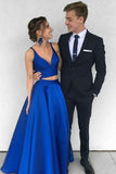 Sexy Royal Blue Two Piece Long Simple Satin Blue V-Neck Formal Evening Prom Dresses RJS620