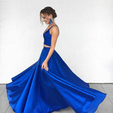 Sexy Royal Blue Two Piece Long Simple Satin Blue V-Neck Formal Evening Prom Dresses RJS620 Rjerdress