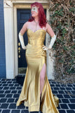 Sexy Satin Strapless Split Mermaid Prom Dresses, Charming Sweetheart Shiny Evening Dress Rjerdress