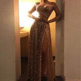 Sexy Sequin Off The Shoulder A-Line Sparkly Long Gold Prom Dresses With Split Rjerdress