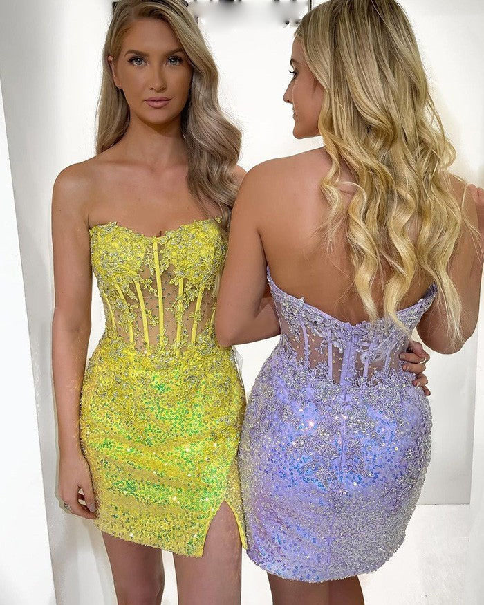 Sexy Sequin Short Sweetheart Purple Mermaid Strapless Pleat Homecoming Dresses RJS797 Rjerdress