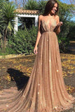 Sexy Sequin Tulle Backless Spaghetti Straps V Neck Long Evening Prom Dresses