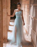 Sexy Sequins & Tulle Sleeveless One Shoulder Prom Dresses With Side Slit Sparkly, Long Formal Dresses