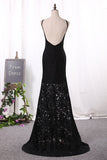 Sexy Sheath Black Party Dresses Spaghetti Straps Lace Sweep Train Rjerdress