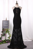 Sexy Sheath Black Party Dresses Spaghetti Straps Lace Sweep Train Rjerdress