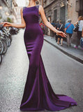 Sexy Sheath Column Regency Long Cheap Satin Mermaid Purple Beads Prom Dresses UK RJS506