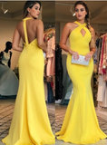 Sexy Sheath Halter Floor Length Ruffles Satin Prom Dresses Yellow Long Formal Dresses P1086 Rjerdress