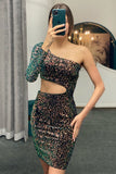 Sexy Sheath One Shoulder Long Sleeve Sequins Homecoming Dress