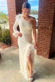 Sexy Sheath One Shoulder Sequins Feathers Long Sleeeves Prom Dresses with Slit Rjerdress