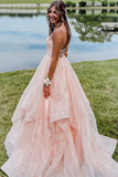 Sexy Shiny Pink V-Neck Long Tulle Backless Sleeveless Floor-Length Prom Dresses RJS758 Rjerdress
