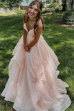 Sexy Shiny Pink V-Neck Long Tulle Backless Sleeveless Floor-Length Prom Dresses RJS758