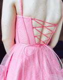 Sexy Short Cute Pink Spaghetti Straps Tulle Mini Junior Backless V-Neck Homecoming Dress RJS612 Rjerdress
