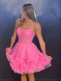 Sexy Short Cute Pink Spaghetti Straps Tulle Mini Junior Backless V-Neck Homecoming Dress RJS612