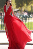 Sexy Slit Evening Dress V-neckline Red Split Slit Sexy Red Formal Dress Prom Dresses RJS709