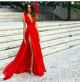 Sexy Slit Evening Dress V-neckline Red Split Slit Sexy Red Formal Dress Prom Dresses RJS709 Rjerdress