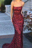 Sexy Spaghetti Straps Red Glitter Sequins Prom Dresses Mermaid Halter Backless Evening Gowns