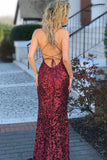 Sexy Spaghetti Straps Red Glitter Sequins Prom Dresses Mermaid Halter Backless Evening Gowns Rjerdress