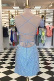 Sexy Spaghetti Straps Sheath Beaded Blue Scoop Criss Cross Homecoming Dresses H1268 Rjerdress