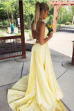 Sexy Spaghetti Straps Side Slit Yellow Satin Long Prom Dresses Cheap Evening Dresses RJS927