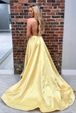 Sexy Spaghetti Straps Side Slit Yellow Satin Long Prom Dresses Cheap Evening Dresses RJS927 Rjerdress