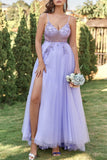 Sexy Spaghetti Straps Tulle V Neck Lavender Long Beaded Sleeveless Prom Dresses RJS133