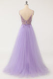 Sexy Spaghetti Straps Tulle V Neck Lavender Long Beaded Sleeveless Prom Dresses RJS133 Rjerdress
