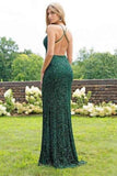 Sexy Trumpet/Mermaid Spaghetti Straps V Neck Sequins Open Back Prom Dresses With Slit Rjerdress
