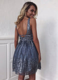Sexy Tulle Homecoming Dress V Neck Backless Column Short Bling Sequins Cocktail Dress