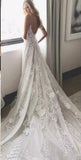 Sexy Tulle V-neck See-through Applique Beach Long Spaghetti Straps Wedding Dress Rjerdress