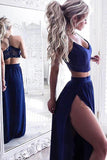 Sexy Two Piece Prom Dresses V Neck A-line Lace Long Slit Sexy Prom Dresses RJS532