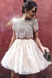 Sexy Two Piece Short Sleeve Homecoming Dress with Beads Round Neck Chiffon Cocktail Dress H1191 Rjerdress