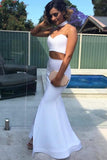 Sexy Two Piece Sweetheart Strapless Long White Satin Slit Mermaid Prom Dresses RJS33