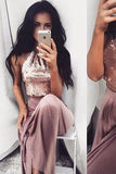 Sexy Two Pieces Shinny Sequin Long A-line Halter Prom Dresses RJS687
