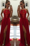 Sexy Unique Red A-Line Halter Split-Front Formal Dress Chiffon Sleeveless Long Prom Dresses RJS253