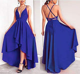 Sexy V Neck Asymmetrical Blue High Low Criss Cross Prom Dresses Evening Dresses uk RJS338 Rjerdress