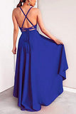 Sexy V Neck Asymmetrical Blue High Low Criss Cross Prom Dresses Evening Dresses uk RJS338 Rjerdress