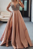 Sexy V Neck Dark Pink Beaded Satin Prom Dresses Evening Dresses with High Slit P1061 Rjerdress