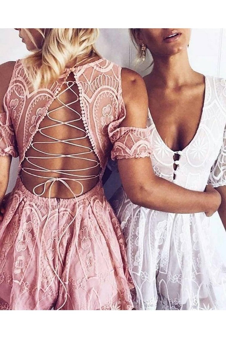 Sexy V-Neck Lace Homecoming Dresses A-Line Lace Up Short/Mini Rjerdress