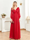 Sexy V-Neck Red Long Sleeves Simple Prom Formal Dresses With Slit