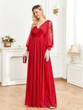 Sexy V-Neck Red Long Sleeves Simple Prom Formal Dresses With Slit Rjerdress