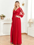 Sexy V-Neck Red Long Sleeves Simple Prom Formal Dresses With Slit Rjerdress
