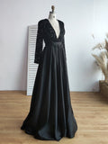 Sexy V Neck Sequins  Satin Long Sleeve High Split Pleated Prom Evening Dress Rjerdress