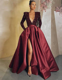 Sexy V Neck Sequins  Satin Long Sleeve High Split Pleated Prom Evening Dress