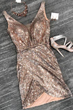 Sexy V Neck Sheath Sequins Straps Rose Gold Homecoming Dresses Cocktail Dresses H1280 Rjerdress